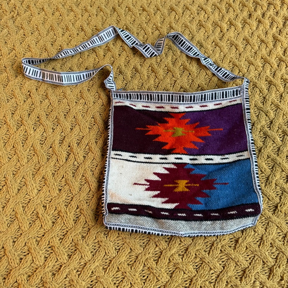 Vintage Southwestern Handwoven Wool Crossbody Bag Geometric Boho Satchel